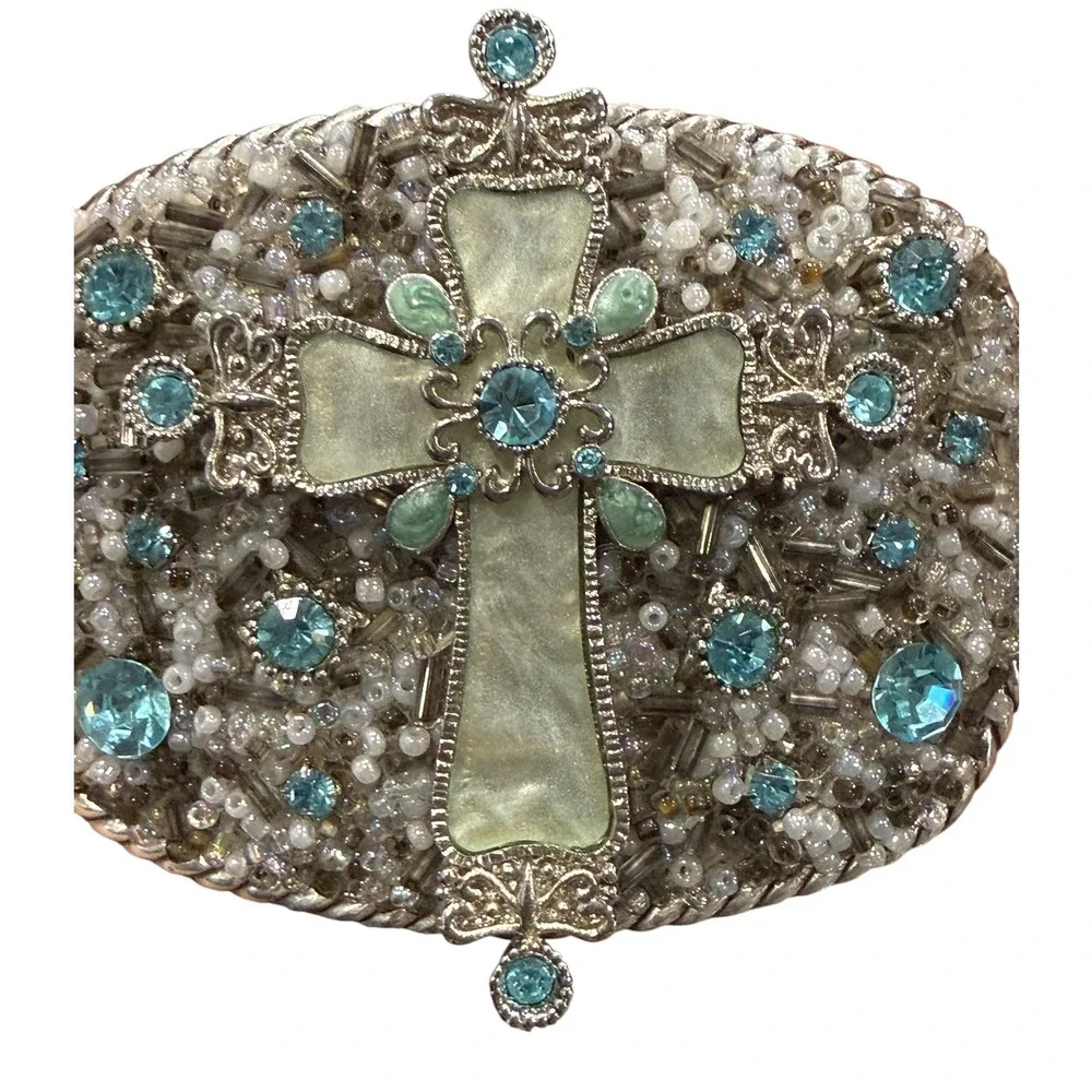 T's Buckin Buckles Cross Belt Buckle Western Christian Cowgirl Blue Rhinestone - Picture 3 of 10